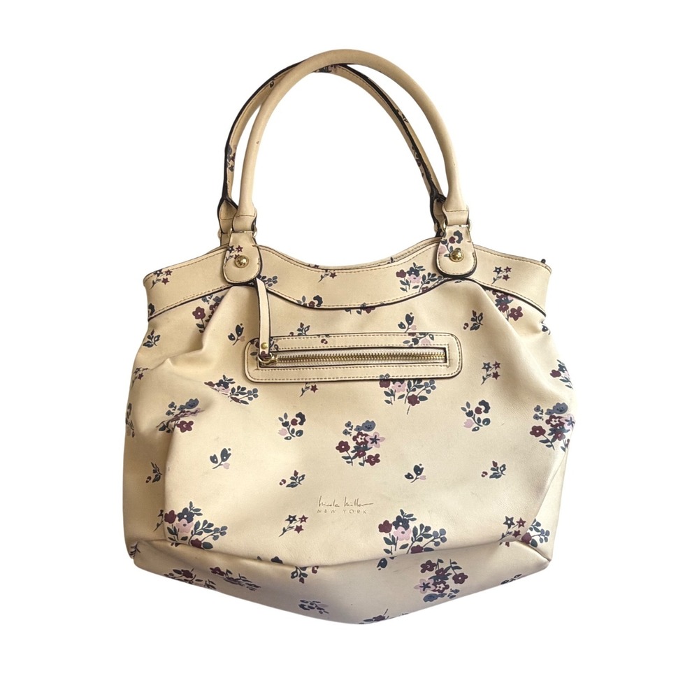 Nicole Miller New York Floral Shoulder Bag Cream Faux Leather Tote